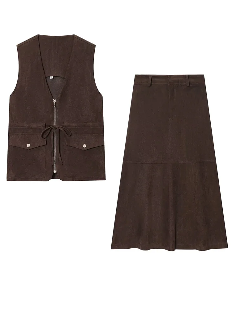 

HH Summer Women New Pleated Sleeveless Hanging Neck Collar Top+Elegant Asymmetric A-Line Zipper Midi Skirt Wave Point Suit