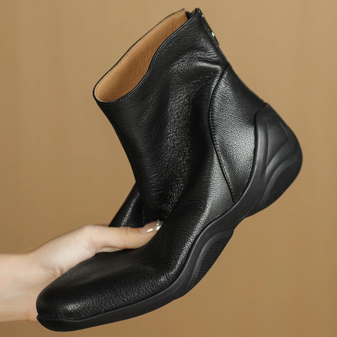 Botines planos de piel de oveja con punta redonda y cremallera trasera para mujer, botines cortos informales suaves y cómodos de alta calidad para otoño, 40