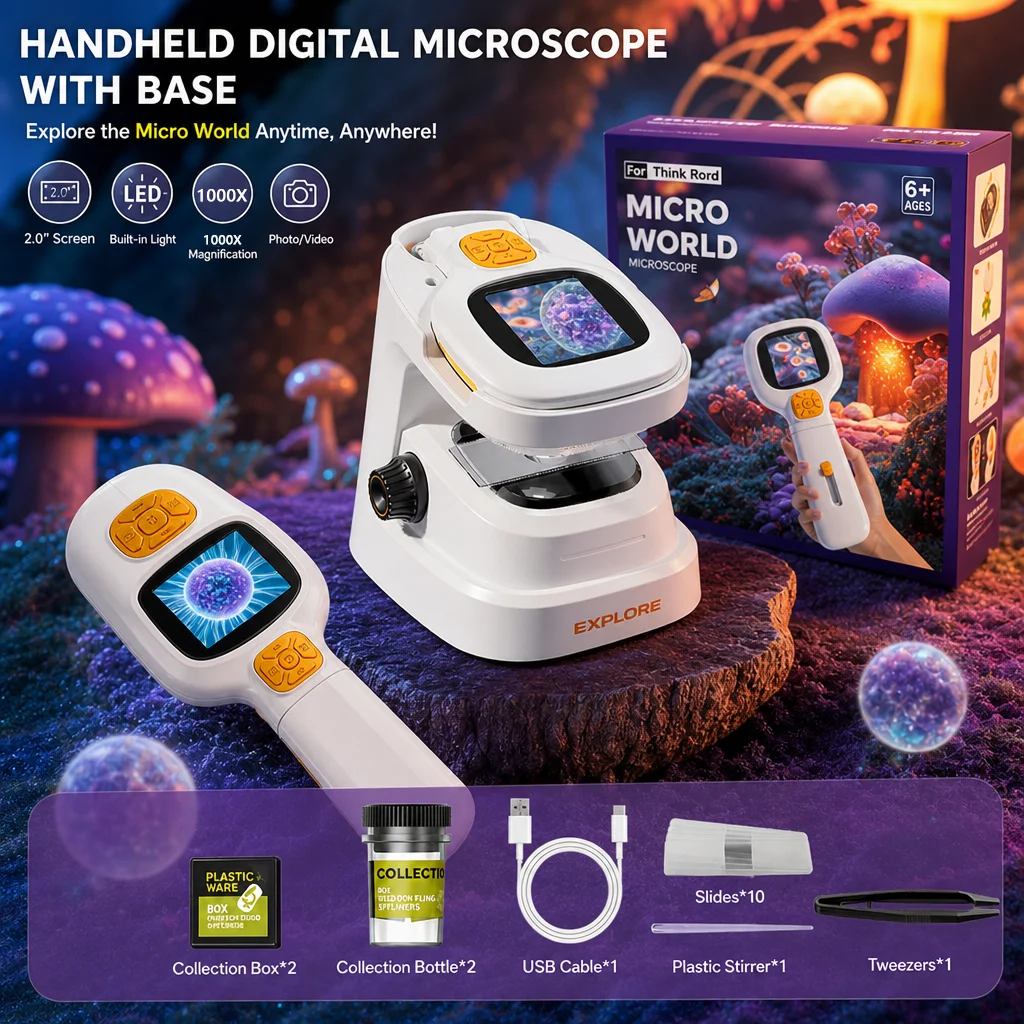 Handheld Microscope 1000X 2.0 Inch Screen 1MP Camera Portable STEM Educational Toy for Kids with Stand LED Light Rechargeable