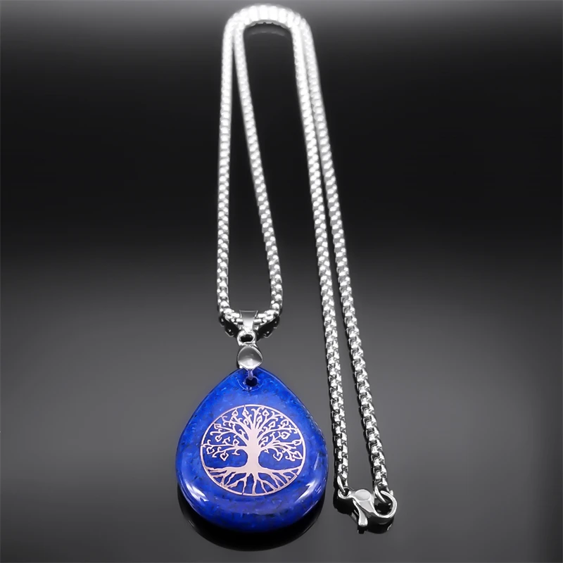 Yoga Tree of Life Necklace for Women Men Lapis Lazuli Stone Stainless Steel Silver Color Amulet Chain Jewelry collier NZZZ366-5S