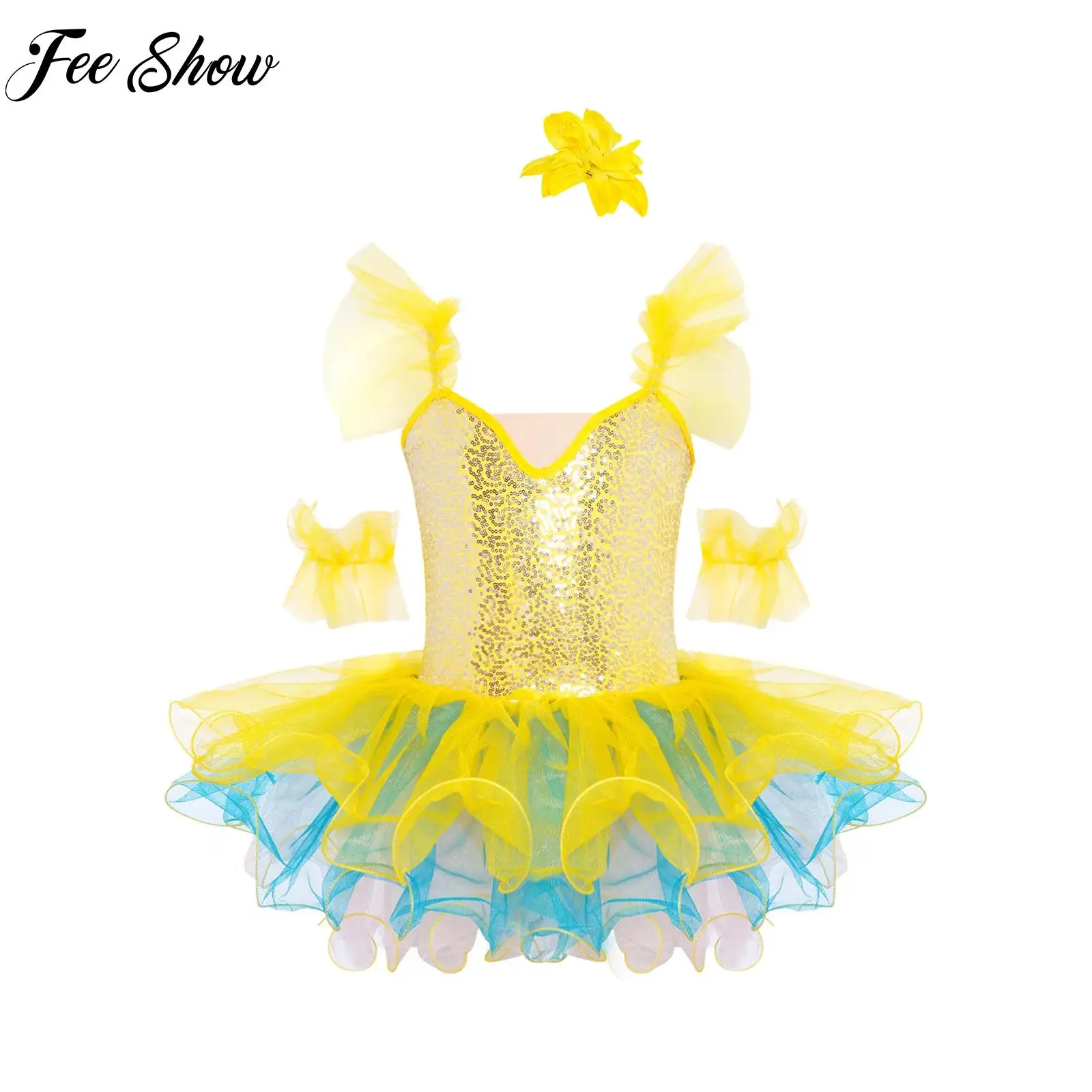 

Teen Girls Dance Performance Costume Ruffled Sleeves Adjustable Straps Sequins Bodice Layered Tutu Dress with Headwear And Cuffs