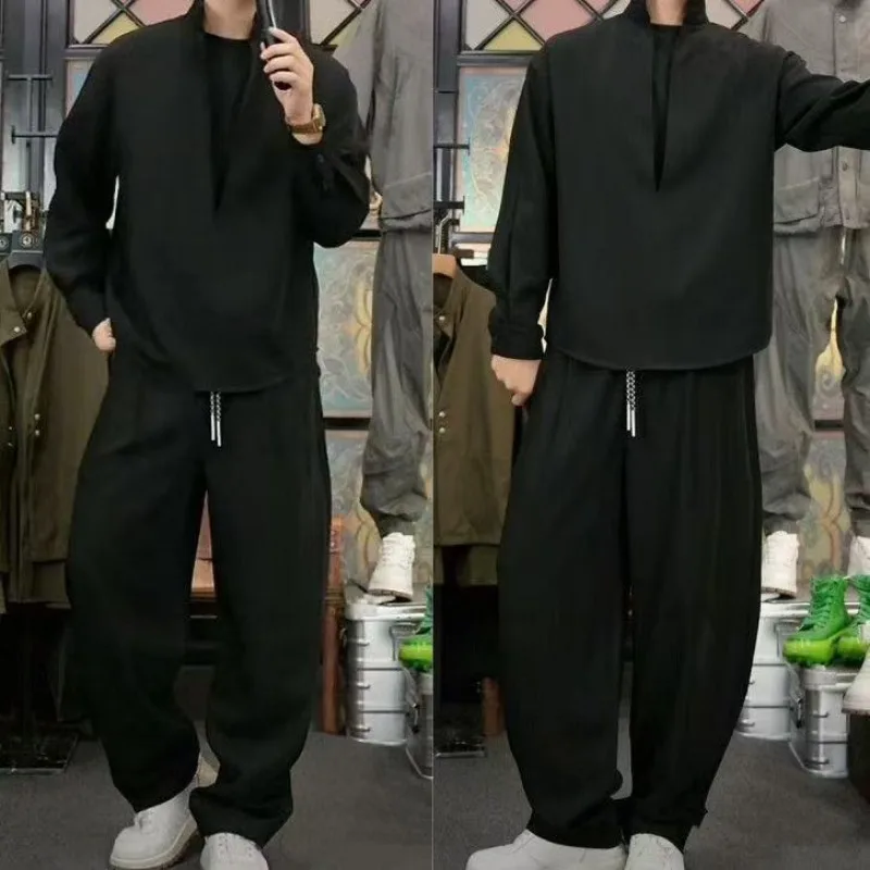 Men Chinese Stand Collar Half Zip Long Sleeve Loose Shirt Elastic Cuff Baggy Harem Pants Two Piece Outfit Set view 3