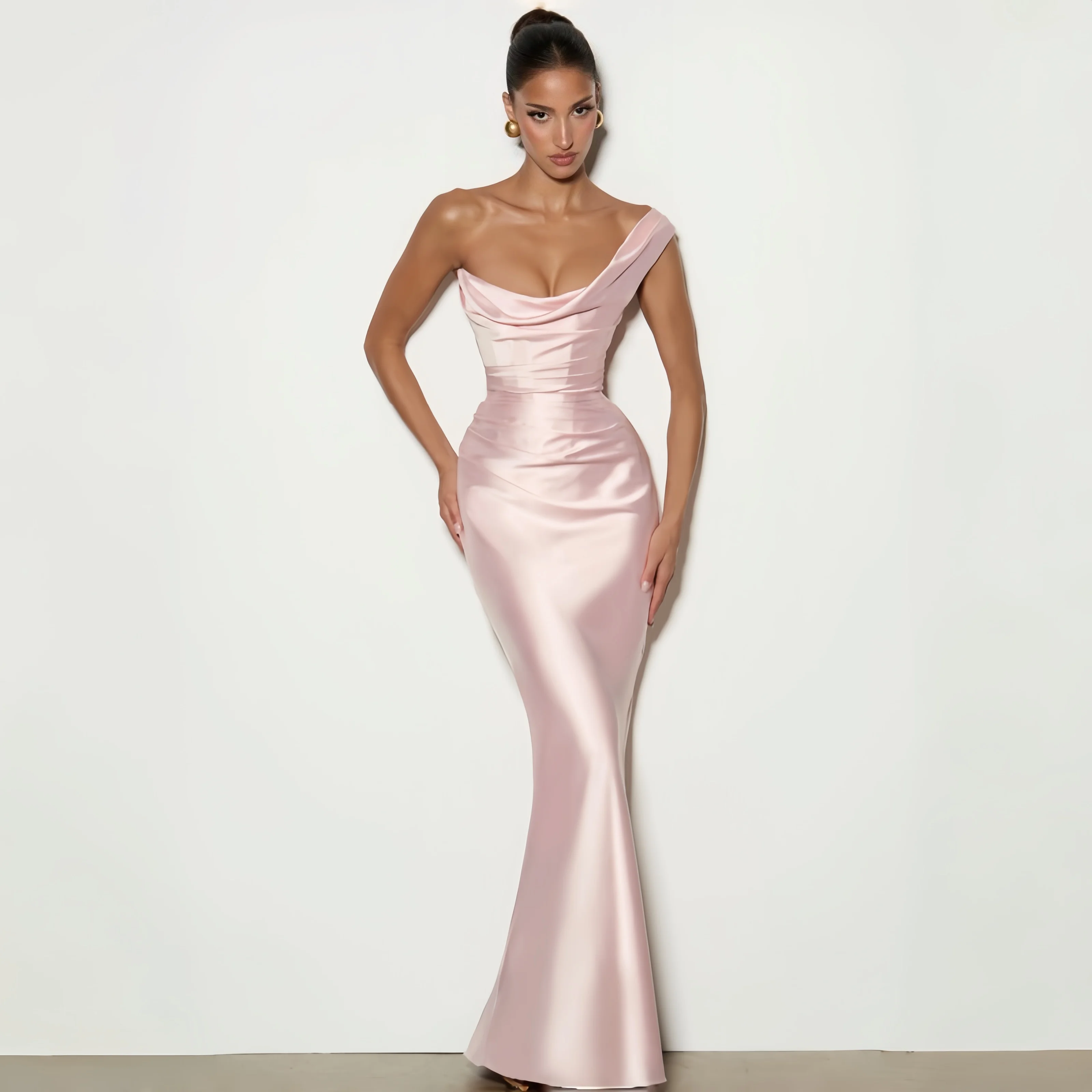 

Pink Satin Off Shoulder Women's Formal Evening Gowns Elegant Lace Up Mermaid Maxi Dress Bridesmaids' Dresses Party Prom Dress