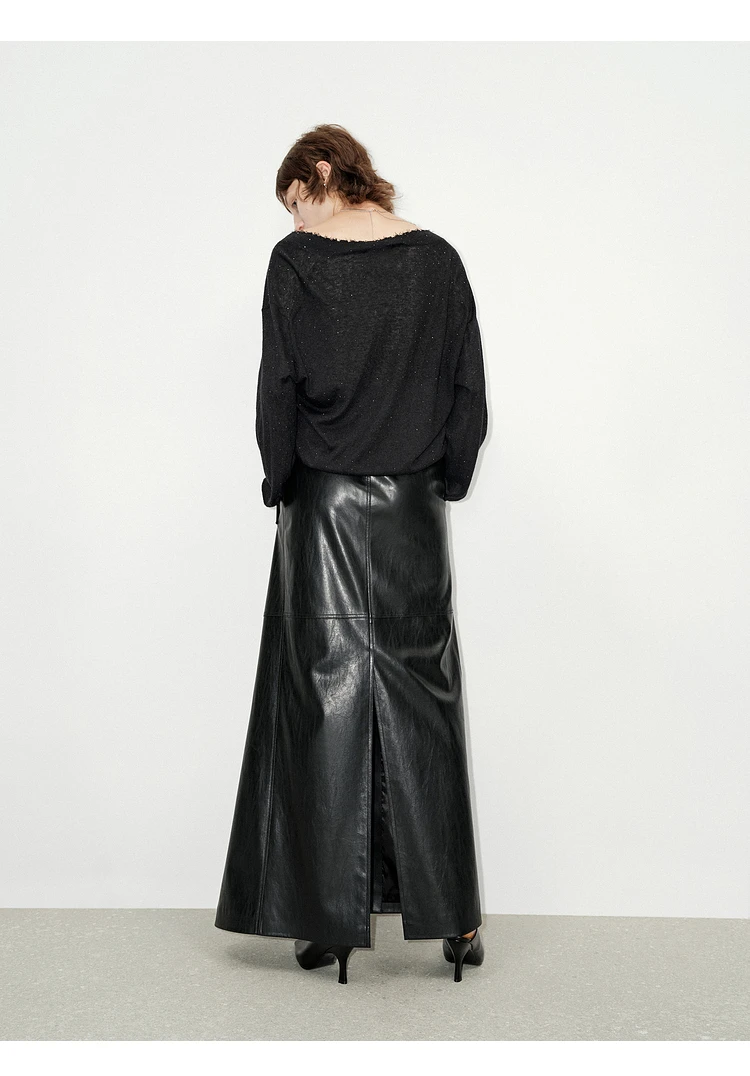 Lautaro Spring Autumn Shiny Black Soft Pu Leather Floor Length Skirt Women with Front Slit High Waist Extra Long Clothes 2025