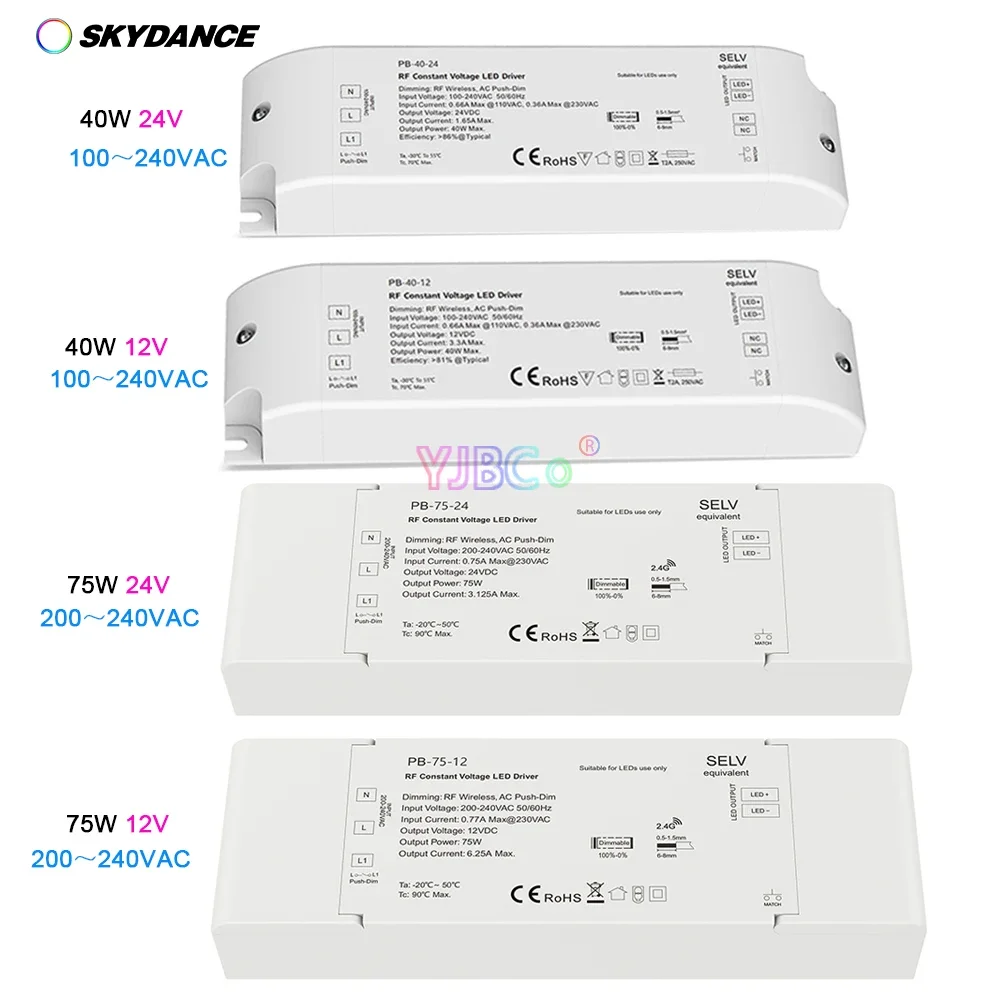 skydance 12v 24v 40w 75w 24g rf escurecimento led driver push dim 220v fonte de alimentacao regulavel unica cor led strip light transformador 01