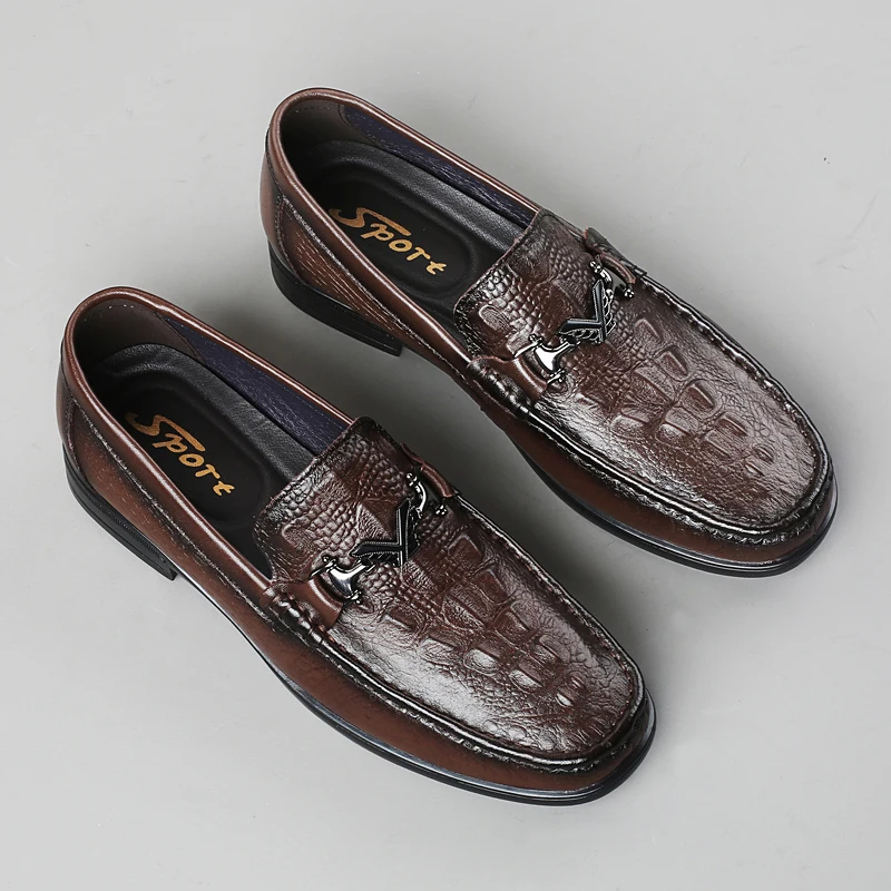 Fashion Brand Men's Comfortable Crocodile Pattern Casual Top Layer Cowhide Bean Shoes High Quality Round Toe Breathable Loafers