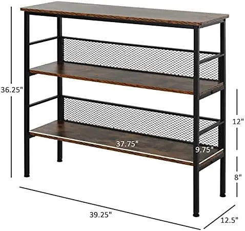 3-Tier Console Table Industrial Style  Metal Wooden  with  Robust Multi-Functional Design & Adjustable Feet, Black