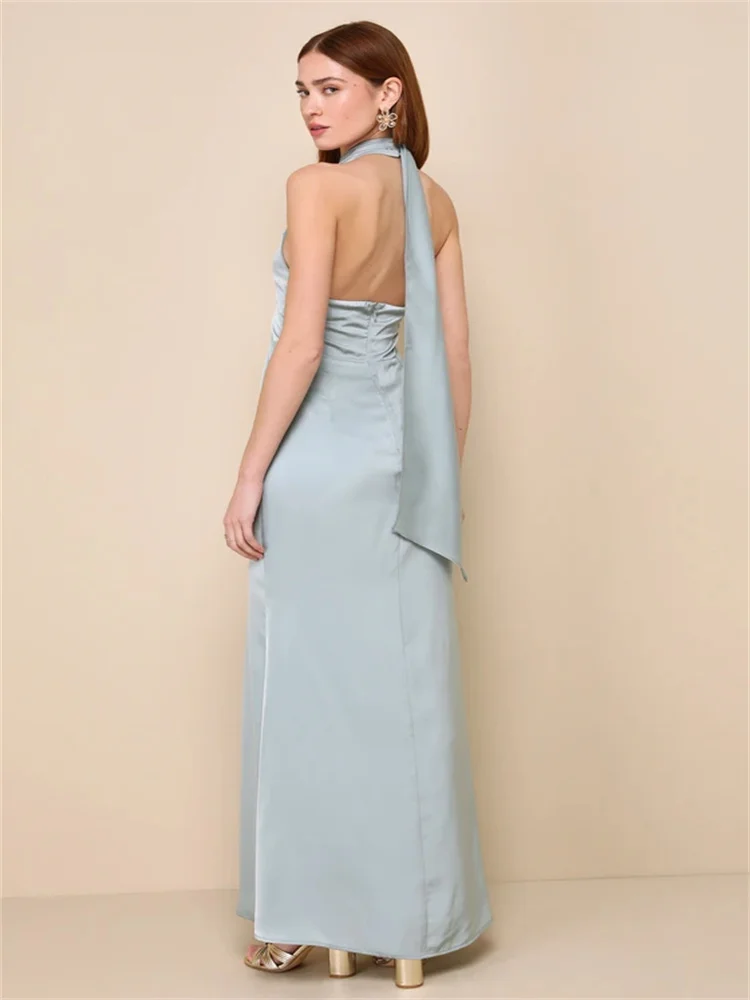 Customized Satin Sleeveless Halter Dress High Pleated Halter Neck Long Belt Drape at Back Side Slit Mermaid Evening Gown