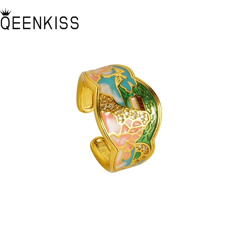 

QEENKISS Gold Vintage Enamel Garden Ring For Women Wedding Party Birthday Christmas Bride Mother Girlfriend Ladies Gifts RG5215