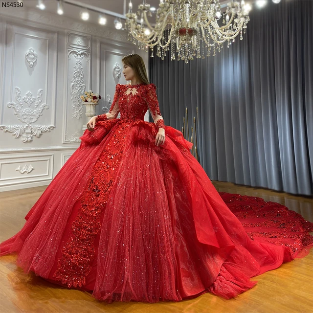 Abito da sposa personalizzato con applicazioni in pizzo rosso di lusso dal design originale NS4530 AliExpress