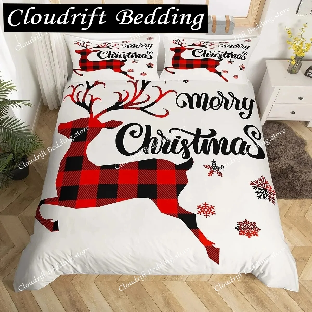Merry Christmas Duvet Cover Set,Red Buffalo Checked Rustic Truck Comforter Cover,Plaid Xmas Tree Elk Deer Snowflake Bedding Sets