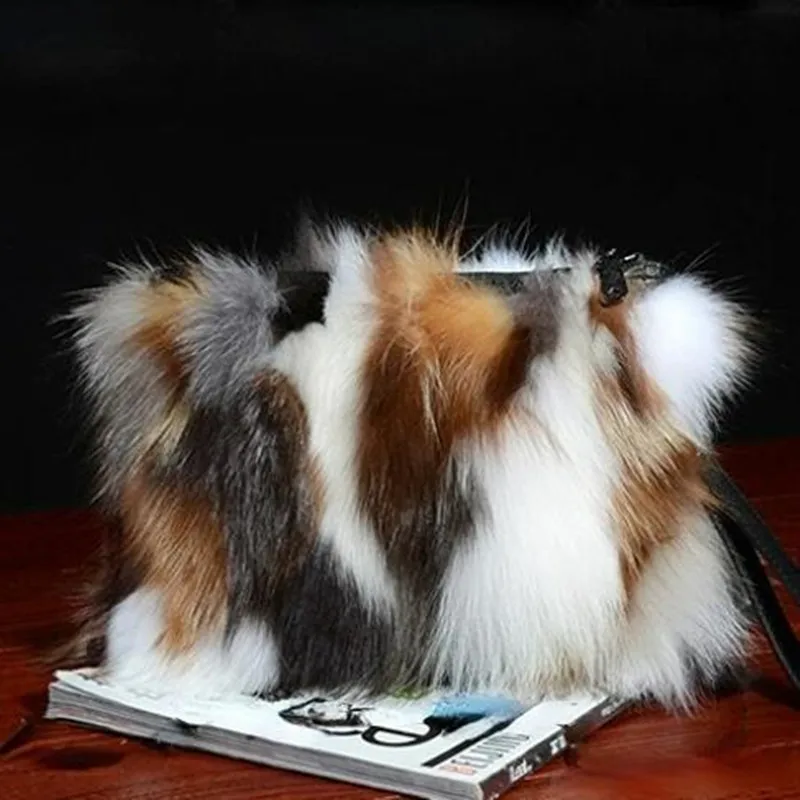 Genuine Natural Fox Fur Women Clutch Bag Purses Luxury Evening Party Bag Winter Chain Shoulder Bag