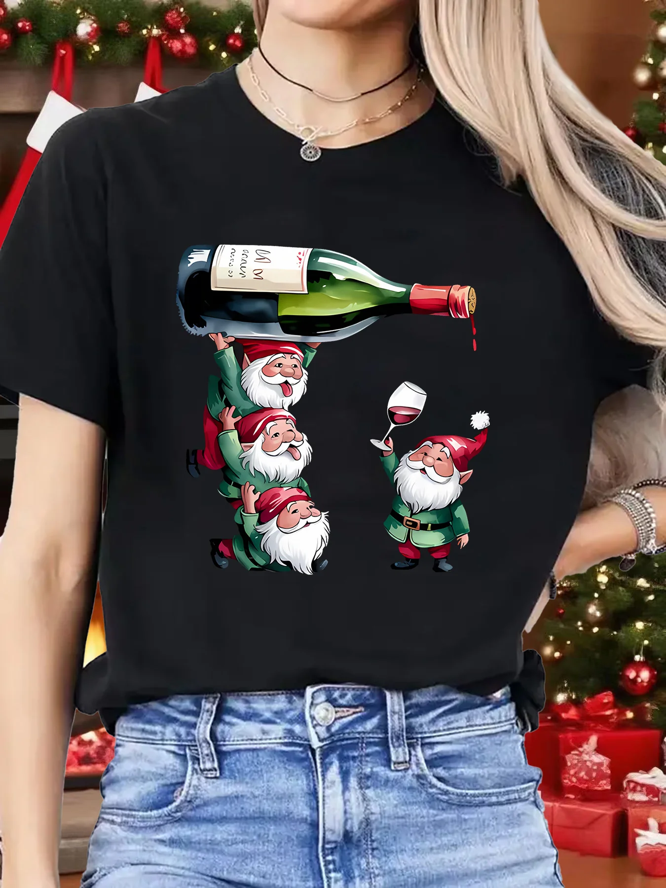 Santa Claus Holding A Wine Bottle and Glass T-Shirt Summer Women's Tracksuit Pullover Top Sportswear Harajuku Fashion Streetwear