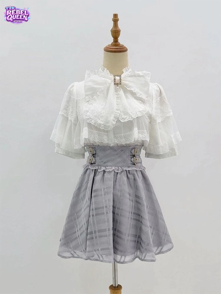 

Japanese Sweet Chic Lolita 2 Piece Set Women Lace Big Bow Blouse + Plaid High Waist A-Line Skirt Vintage Kawaii Fashion Outfit