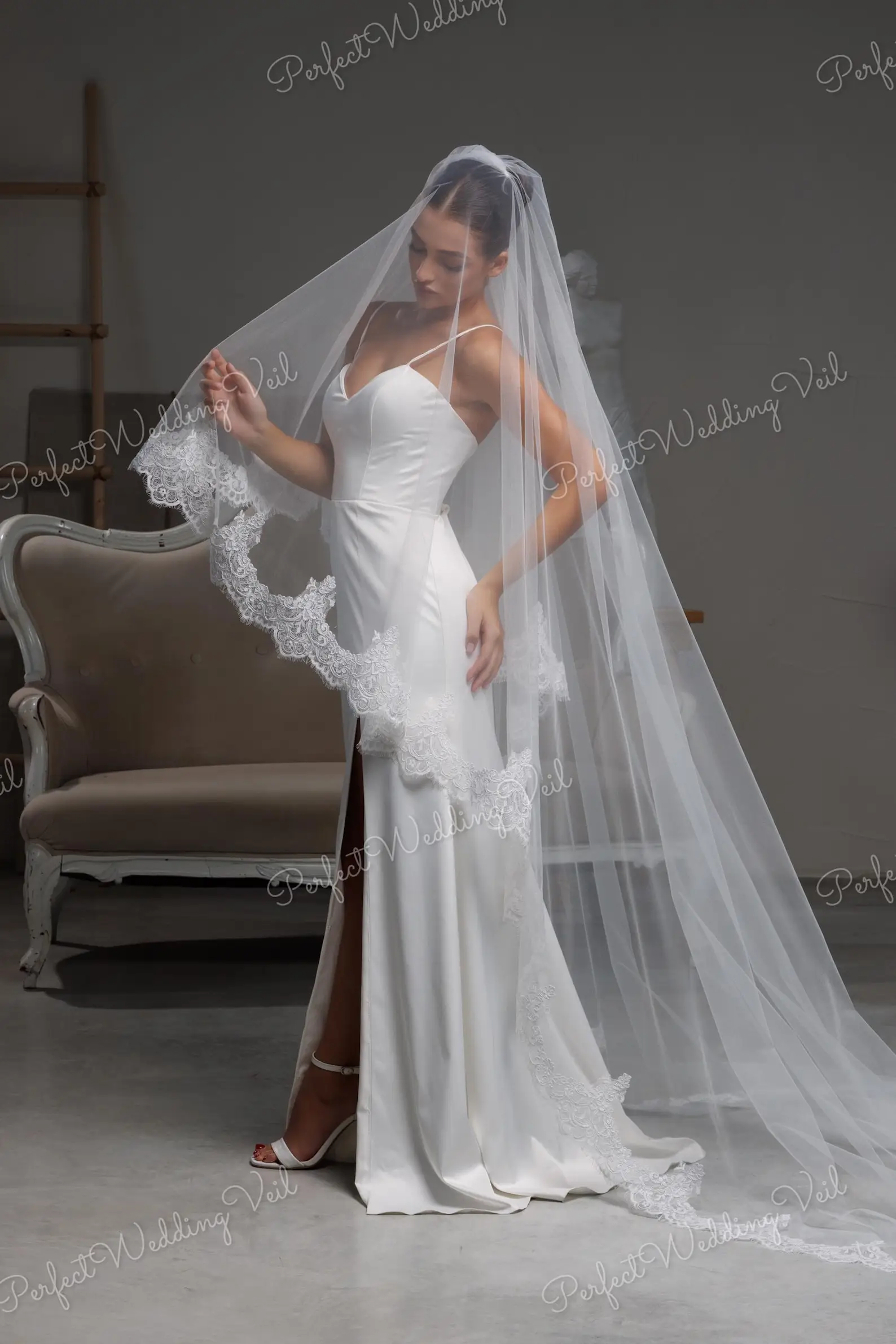 Cathedral Drop Veil with Blusher Lace Trim, Two Tier Soft Tulle Bridal Ivory Double Layer, Romantic Classic Elegant