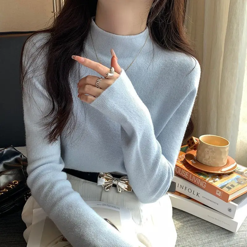

Unique Milk Blue Knitted Base irt f High Collar Women's Autumn Winter 2025 Sle Super White Looking Sweater Top