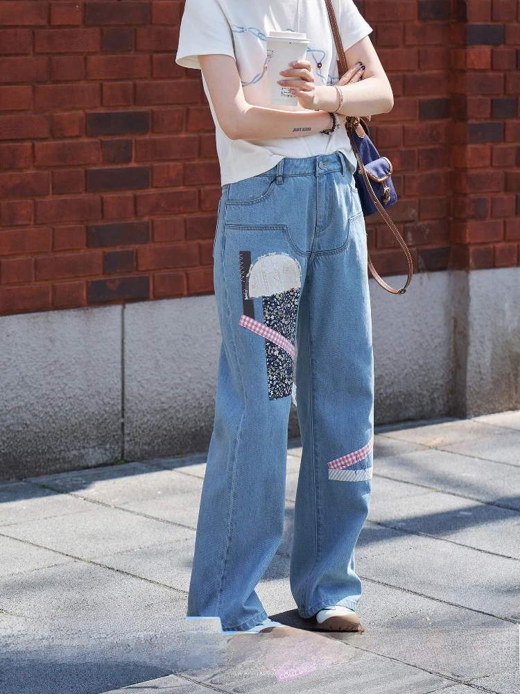 

Creative Pattern Patchwork Embroidered Straight Leg Jeans Women's Denim Casual Style Natural Waist Loose Fit Summer Co...