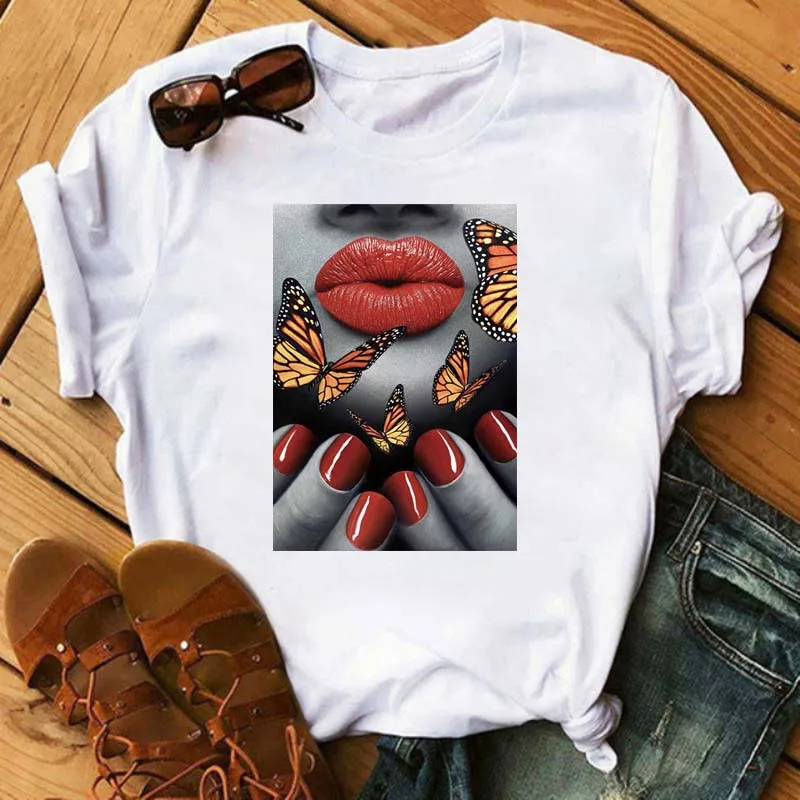 New Sexy Lips Women Tshirt Fashion Graphic Printed T-Shirt Harajuku  Ulzzang Rose Diamond Snake Lips Casual Tops Tee view 2