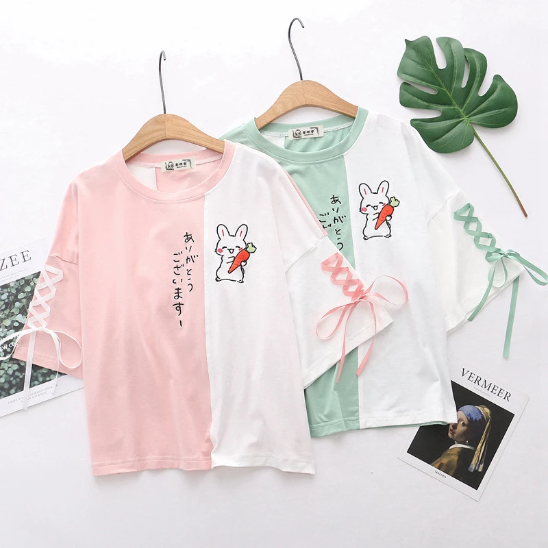 

Summer New Fresh Top Cartoon Carrot Rabbit Print Colored Round Neck Short Sleeve Tie Personalized T-Shirt Cute Women's Wear