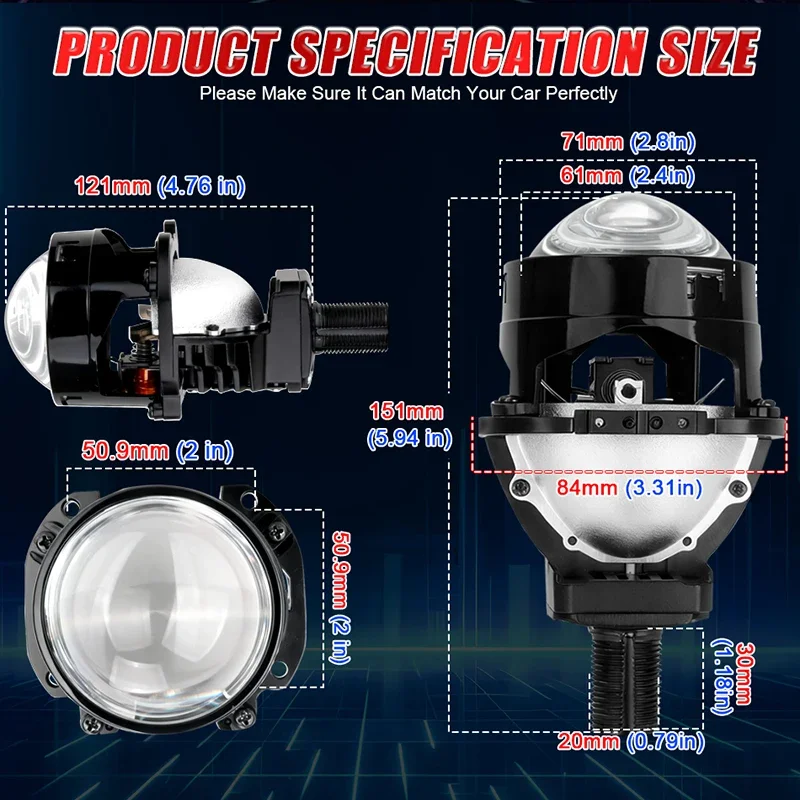 2.5-inch LED automotive headlight dual-light lens high-power high and low beam integrated headlight bulb