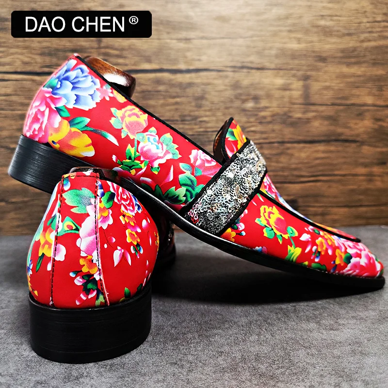 LUXURY BRAND MEN\'S LOAFERS BIG FLOWER PRINT CASUAL MENS DRESS RED SHOES WEDDING PARTY JOYFUL BANQUET LEATHER SHOES MEN