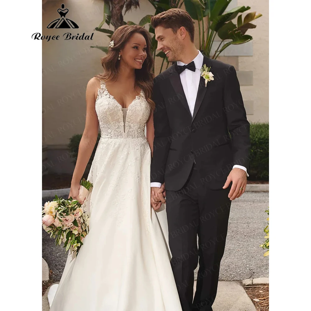 

Roycebridal 2025 Новый кружевной топ с аппликацией и атласное свадебное платье трапециевидной формы с v-образным вырезом и прозрачным ремешком со шлейфом по индивидуальному заказу Vestido Novia
