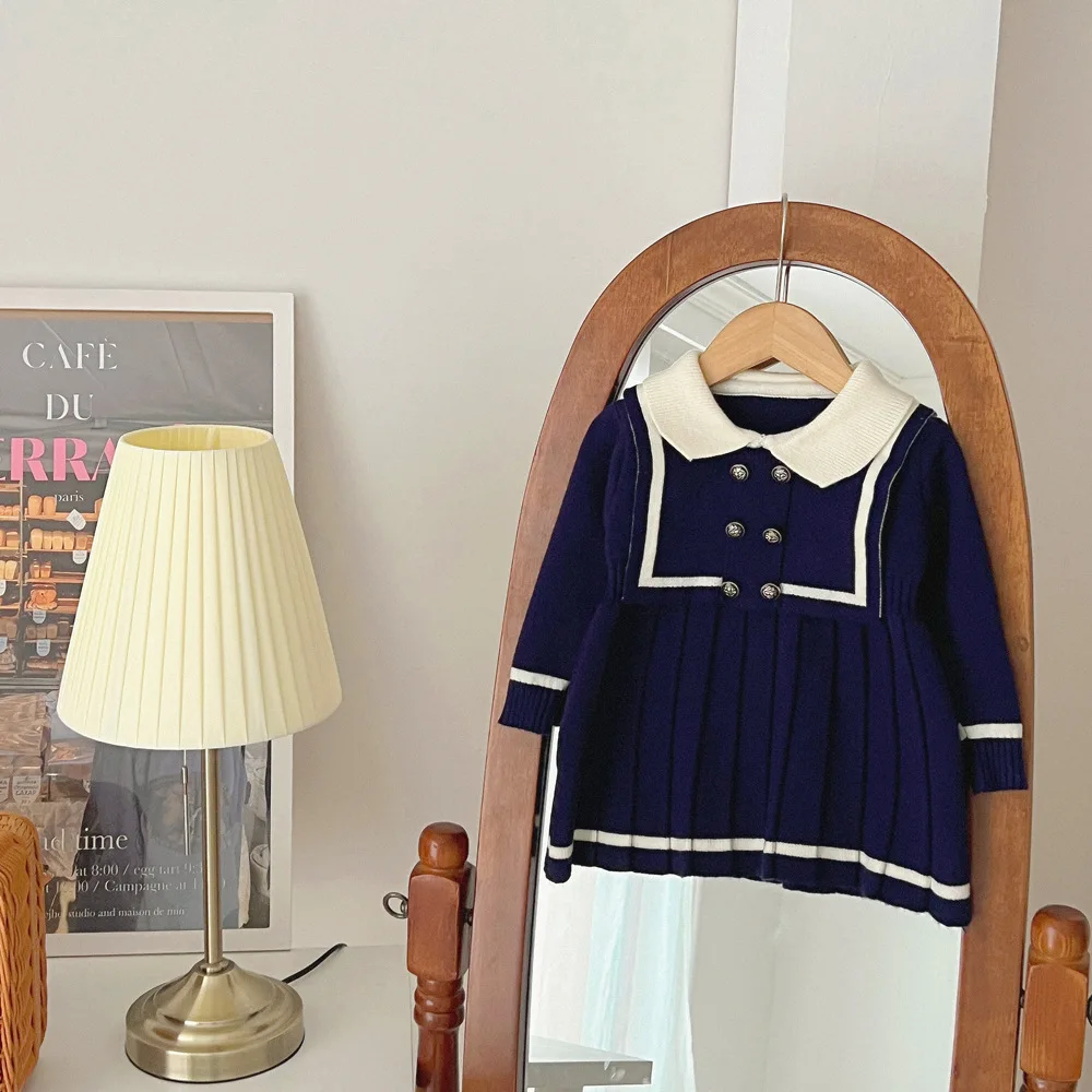 Girls' navy style sweater dress female treasure autumn dress Korean version of children's long-sleeved knit pleated skirt 2-7Y