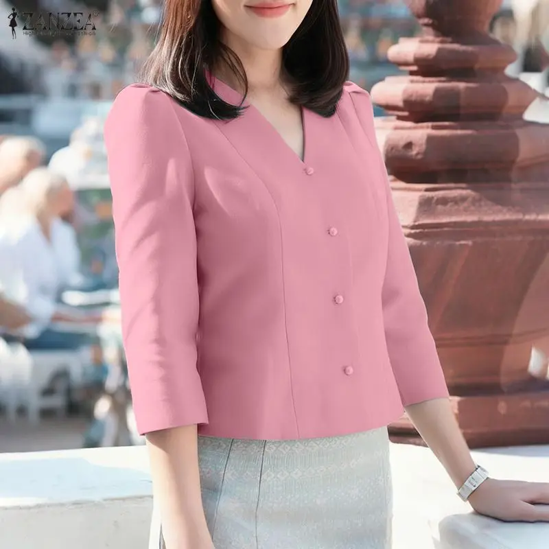 

ZANZEA Women V-Neck Shirts Fashion 3/4 Puff Sleeve Casual Solid Blouse Elegant Office Lady OL Tops Work Blusas Femininas 2026