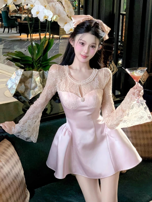 

Unique Lace Bell Sleeve Short Skirt Slim Fit Dress High Waist French Style Pure Color Cotton Long Sleeve round Neck Dress