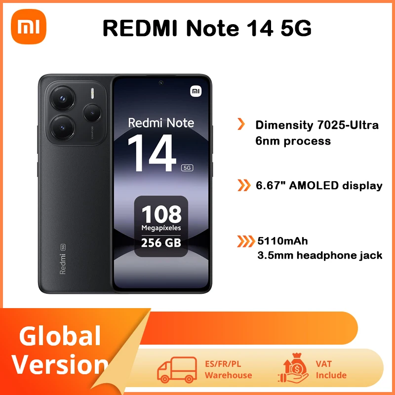 Smartphone Xiaomi Redmi Note 14 5G NFC 8G + 256GB, appareil photo 108MP, Dimensity7025-Ultra, 120Hz, batterie 5110mAh