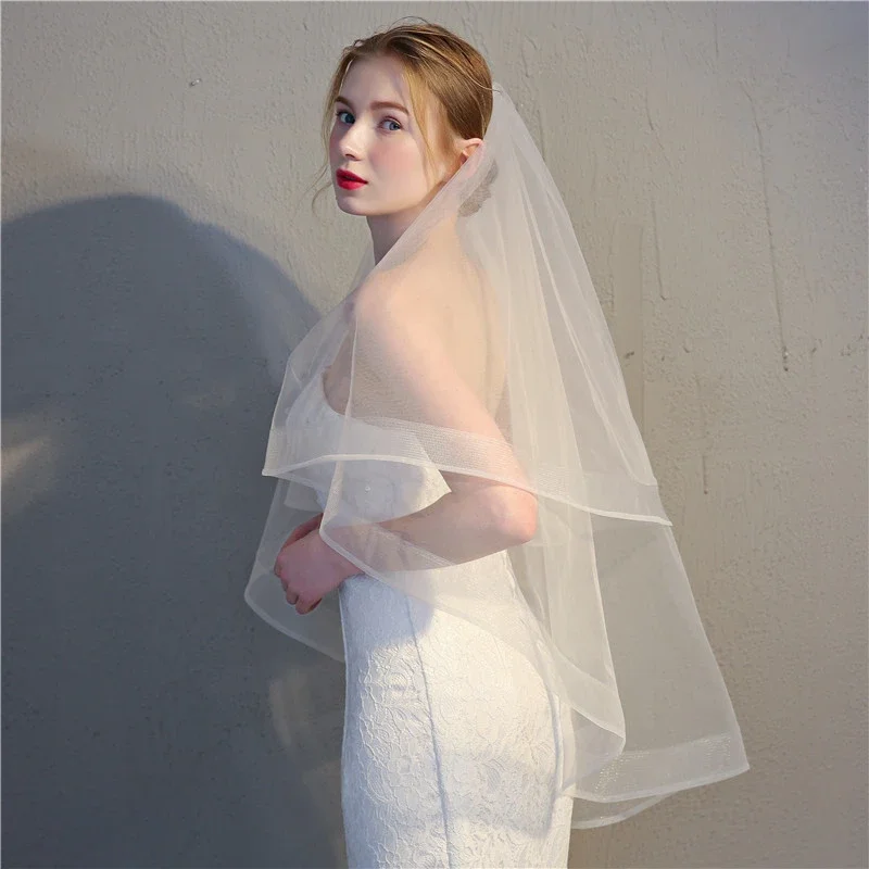 Wedding Veil Short Bridal Face-Covered Two Layers 2 Tiers Simple Soft Horsehair Trim Bride Veil Ivory White