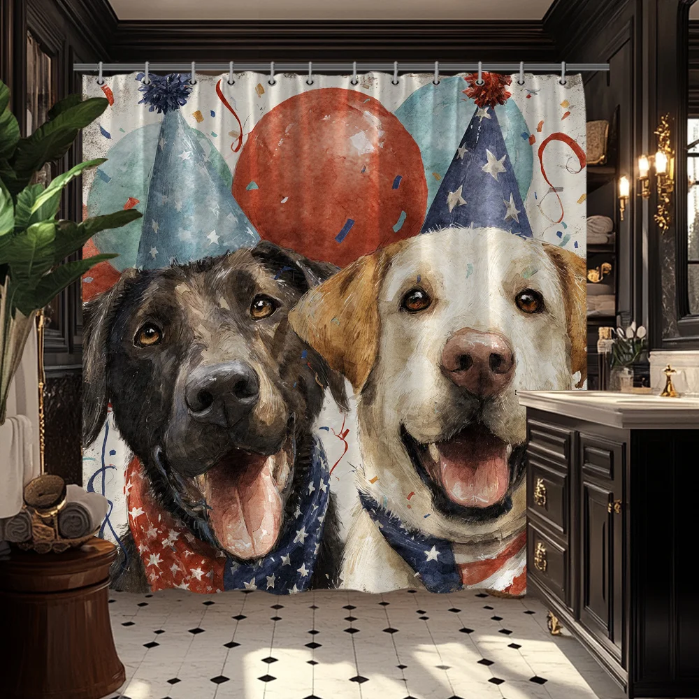 

Independence Day Shower Curtain Polyester Fabric Bathroom Decor Fun Celebrating Dogs Party Theme Waterproof Washable Patriotic