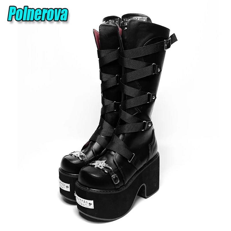 Round Toe Chunky Platform Knee High Boots Punk Style White Black Cross Strap Buckle Knight Boots Cosplay Y2K Women's Shoes