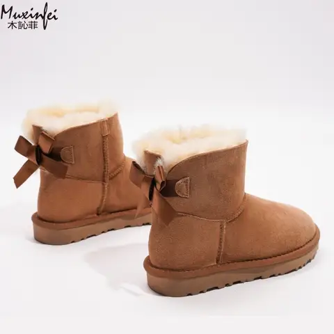 Silk Ribbon Bow Snow Boots for Women Sheep Fur Integrated Short Tube with Thick and Warm Genuine Leather Boots