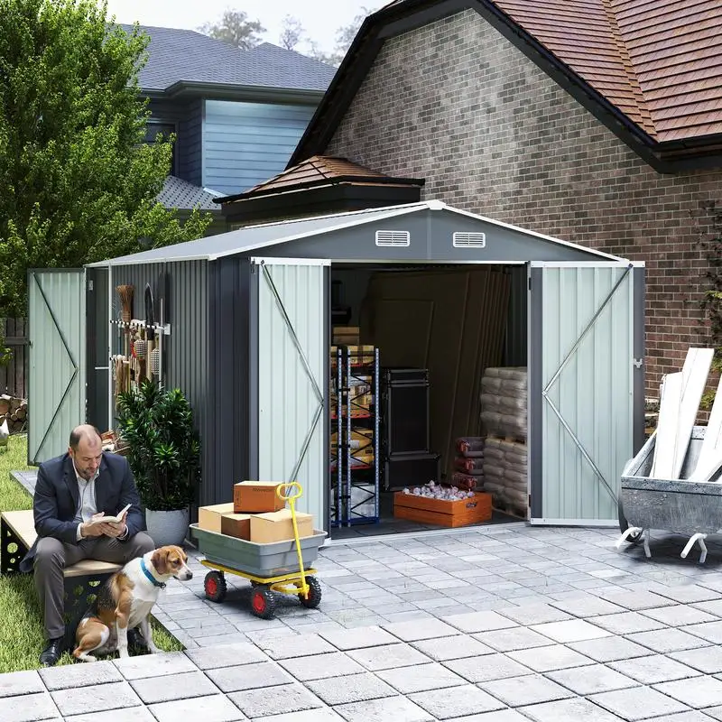 

Outdoor Metal Storage Shed 9x11 FT with 3 Lockable Doors and 4 Vents for Backyard and Patio, Ideal Tool Shed for Lawn Use, Grey