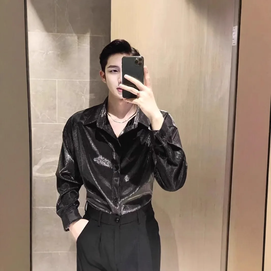 Futuristic Liquid Metal Shiny Long Sleeve Shirt Men's Stage Performance Casual Top