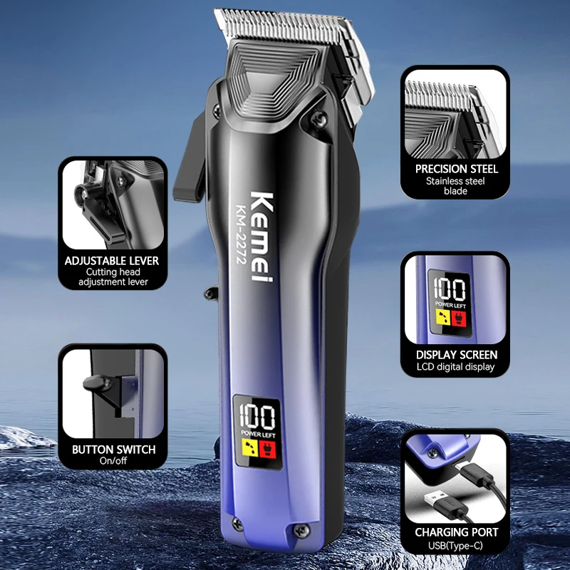 Kemei Electric Hair Clipper Men's Professional Hair Trimmer Cordless USB Rechargeable Hair Clippers With LCD Display KM-2272