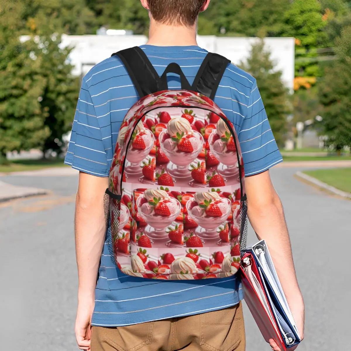 Strawberry Ice Cream Backpack Student Boys Girls BookBag Men Women School Bag Laptop Shoulder Bags