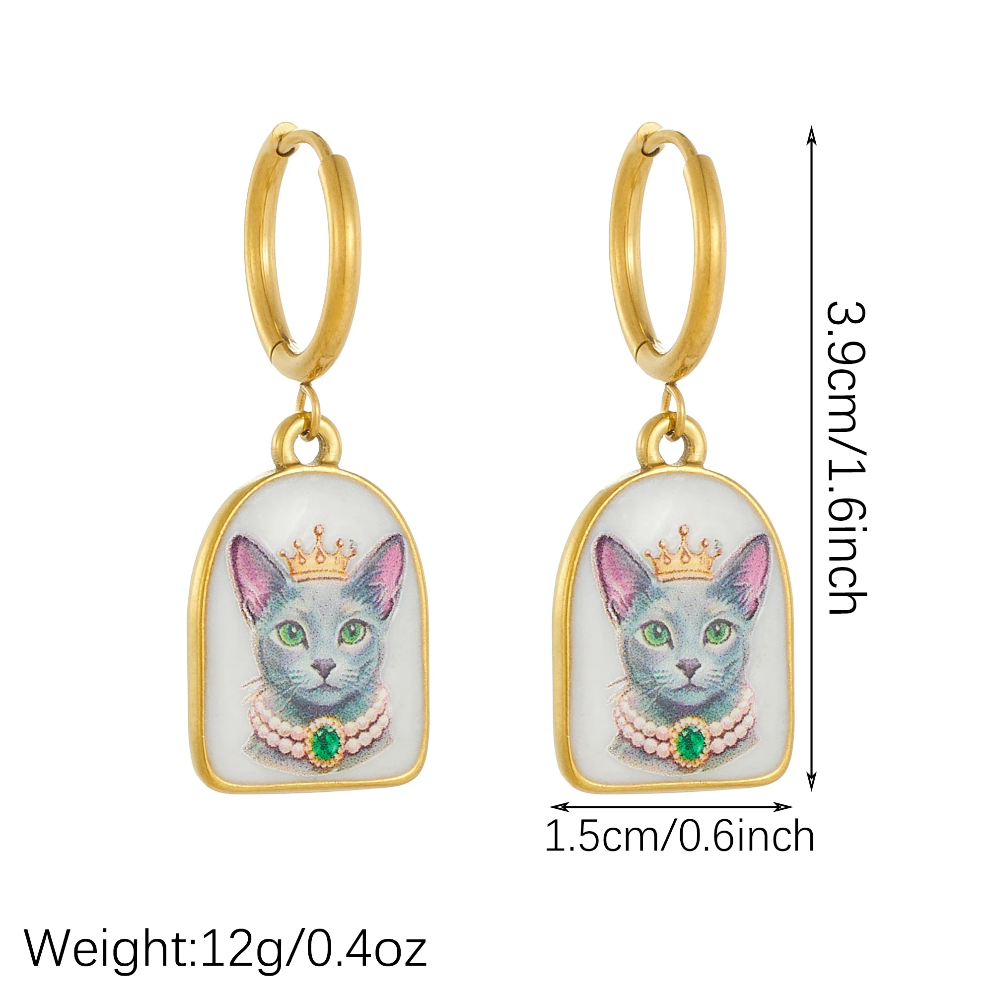 MEYRROYU Stainless Steel Cute Cat Enamel Print Arch Hoop Earrings For Women Drop Earrings Gold Plated New Pet Women Jewelry Gift