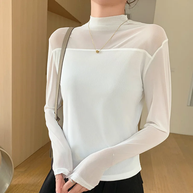 Women’s Black Sheer Mesh Mock Neck Top Double Layer Slim Fit Long Sleeve T Shirt Stretchy See Through Layering Blouse