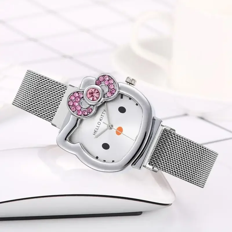 Hello Kitty Diamond  Watch Cat Bow Kawaii Pink Ladies Gold Sliver Metal Jewelry Cartoon Magnetic Watch Girlfriend Birthday Gifts