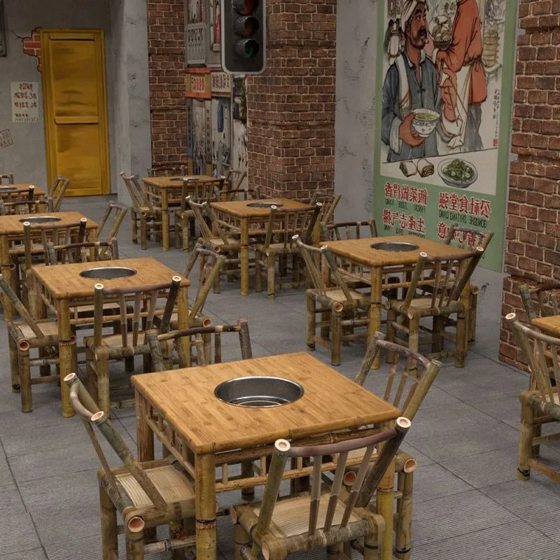 Bamboo hot pot table, commercial bamboo dining table and chair combination, retro hotel bamboo agritainment eight immortals