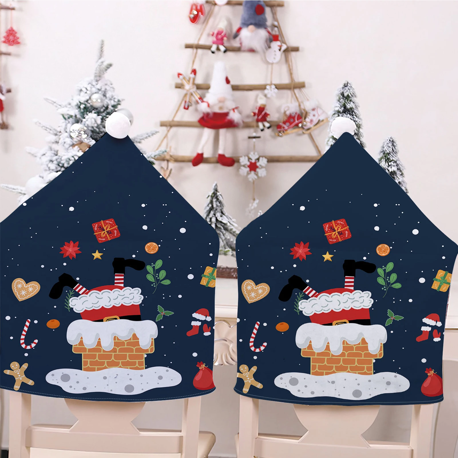 4pcs Christmas Chair Cover Reusable Double-sided Printing Chimney Old Man Backrest Chair Cover Christmas Decorative 2024 Navidad