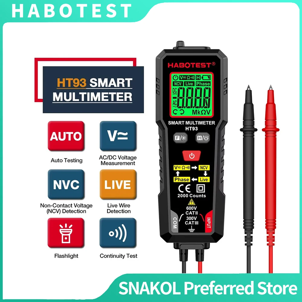 HABOTEST HT93 Digital Multimeter 2000 Counts Voltage Tester, True RMS Auto-Ranging AC/DC Volt Meter NCV Phase Test Multimetro