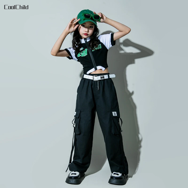 Hip Hop Girls Cropped Jacket Cargo Pants Child Crop Top T-shirt Goth Streetwear Clothes Sets Kids Street Dance Jazz Teen Costume