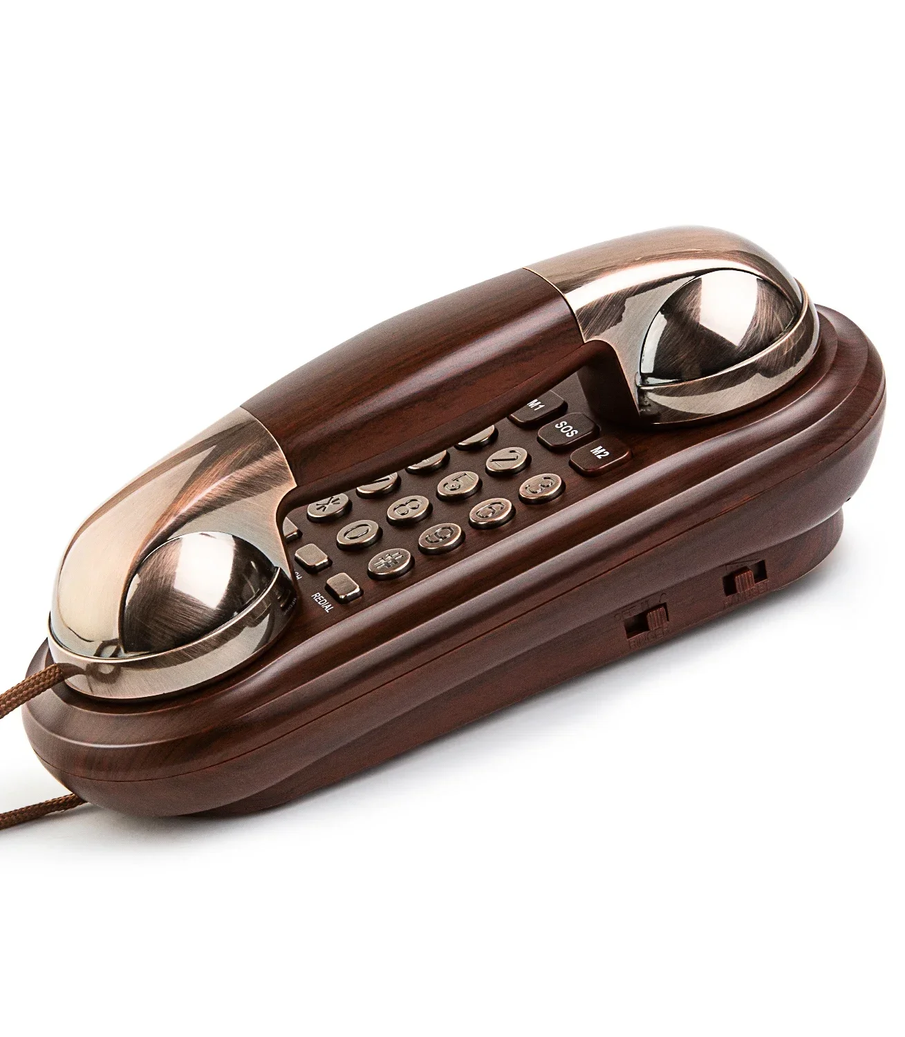 Corded Phone Vintage Wood Grain Wall Phone, with Big Buttons, Loud Mechanical Ringer, Volume Control, Redial, Mute, Flash