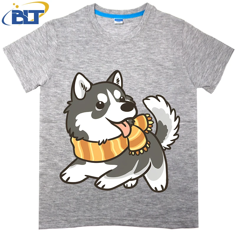 T-shirt de manga curta para menino e menina, top casual, feita de algodão, husky estampado, muito bom para o verão