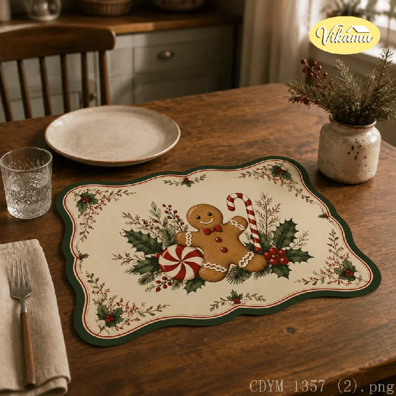 VIKAMA Christmas Placemat Gingerbread Candy Cane Print, Waterproof Oil-Proof Heat-Resistant Holiday Table Mat for Home