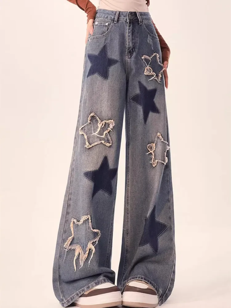 2023 Korean Y2K Fashion Star Embroidery Baggy Stacked Jeans Pants For Women Clothes High Waist Straight Vintage Lady Trousers