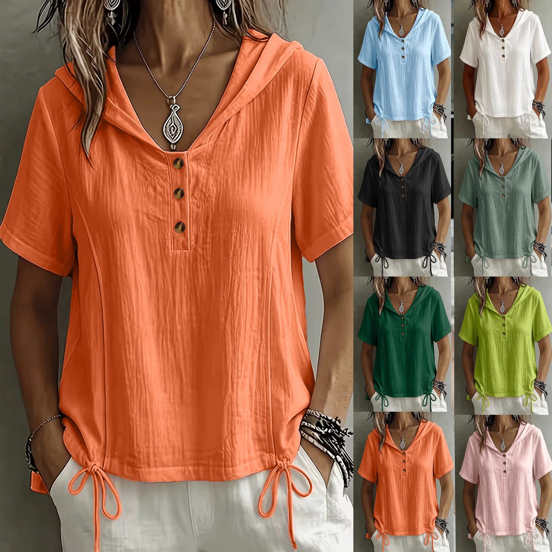 2026 New Women Solid Color Hooded Blouses Summer Casual Short Sleeve Button Bandage Loose Shirts Fashion Women's Oversized Tops